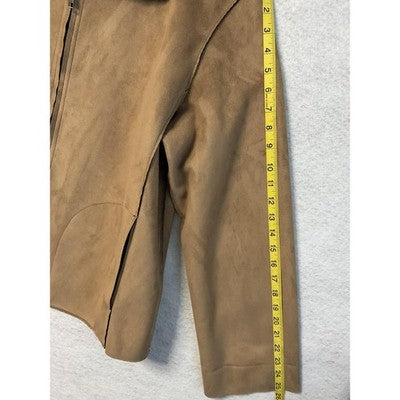 Chico's Design Jacket Womens Large 2 Tan Faux Suede Zip Black Collar Pockets