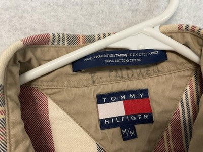 VTG Tommy Hilfiger Shirt Mens Medium Beige Striped Long Sleeve Button Up Casual