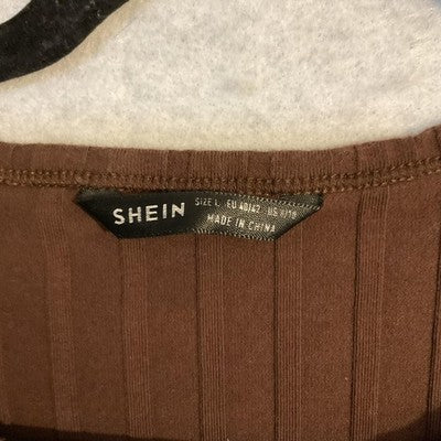 SheIn Dress Womens Large Brown Ruched Ribbed T Shirt Bodycon Knit Knee Length