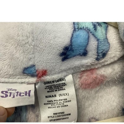 Disney Stitch Robe Girls 6/6X White Blue Plush Fleece Bathrobe Hearts Belted