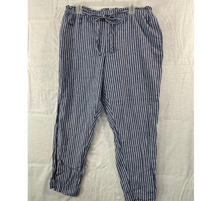Striped Linen Blend Pants Womens XL Blue White Paperbag Waist Tapered