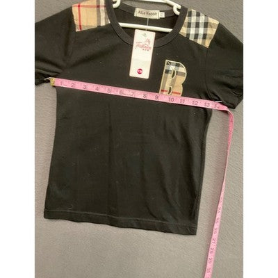 Aile Rabbit Girls Size 8 Black T-Shirt Plaid Shoulder B Patch NWT