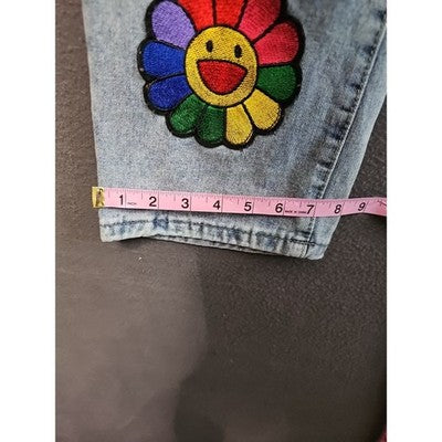 Vintage-Inspired Rainbow Flower Jeans L 25W 27L Straight Leg Ripped/Distressed