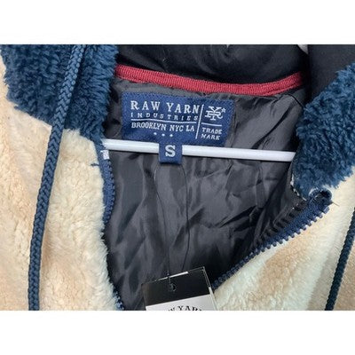 Raw Yarn Industries Sherpa Hoodie Jacket Blue Cream Fleece Zip Up Sz S NWT