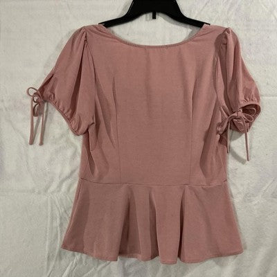 Emerette Blouse Womens Large Pink Button Front Ruffle Peplum Top Short Sleeve