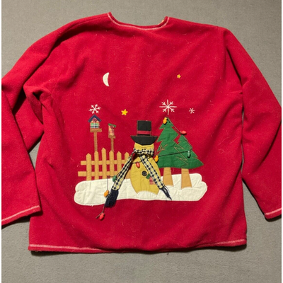 Vintage XL Red Button-Up Holiday Cardigan Jacket/Sweater with Snowman Applique