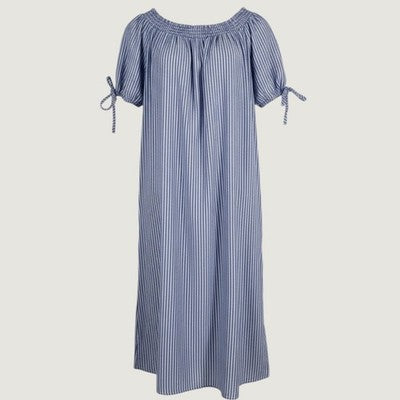 Terra & Sky Shift Dress Women 0X Blue Striped Cotton Smocked Neck Tie Sleeve