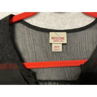 Mossimo Supply Co Shirt Womens XS Black Sheer Lace Shoulder Roll Tab Top Blouse