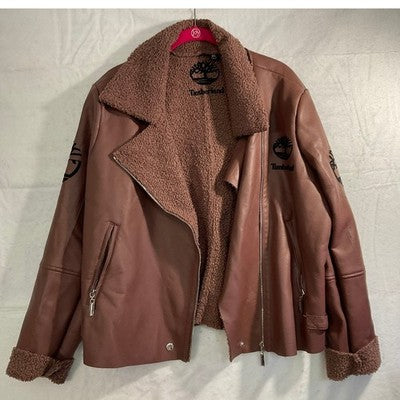 Timberland Moto Jacket Women XL Mauve Faux Leather Sherpa Lined Graphic Logo