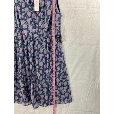 Gilli Floral Sleeveless Dress Womens L Purple Green Elastic Waist Keyhole D18751