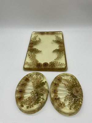 Vintage Lucite Resin Vanity Tray 2 Soap Dishes Set Embedded Flowers Mid Century
