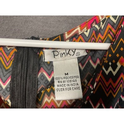Pinky Tribal Chevron Fit Flare Dress M Zip Back Sleeveless Colorful Boho Causal