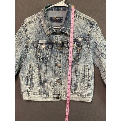 VIP Acid Wash Denim Jacket M Retro 80's Style Grunge Distressed Long Sleeve