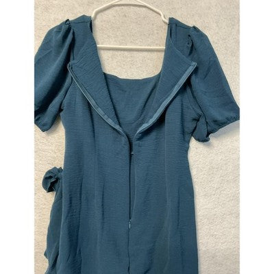 Dress Womens Medium Teal Faux Wrap Tie Ruffle Hem Puff Sleeve Square Neck Mini