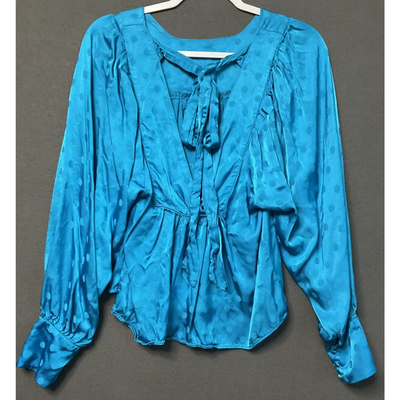 Happy Nature Blouse Womens Small Polka Dot Satin Long Sleeve Boho Top Tie Button