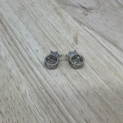 Silver Tone Crown Circle Pendants Charms Womens Rhinestone Stud Pair 1"