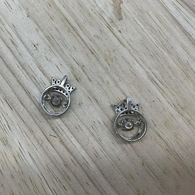 Silver Tone Crown Circle Pendants Charms Womens Rhinestone Stud Pair 1"