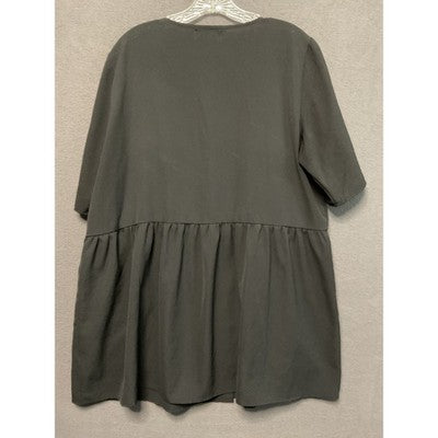 Belongsci Black ButtonFront Babydoll Tunic Drop Waist M Oversized Pockets V-Neck