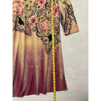 Floral Dress Womens Petite Small Pink Peach Ombre 3/4 Sleeve Stretch Made USA