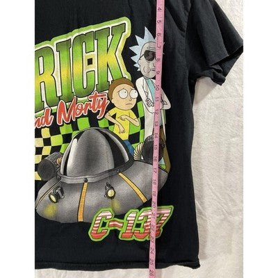 Rick And Morty Shirt Mens Small Black C-137 UFO Graphic Tee Cartoon Tagless