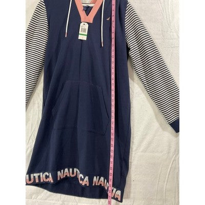 Nautica Hoodie Dress Womens Large Navy Blue Striped Sleeve Logo Hem 07D922 NEW