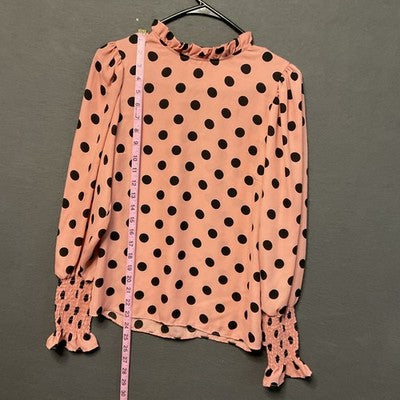 Haute Monde Pink Polka Dot Blouse Small Ruffle Neck Smocked Cuff Romantic Top