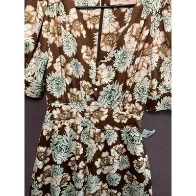 NWT Happy x Nature Wide Leg Floral Jumpsuit Size 4 Green Brown Retro Chic