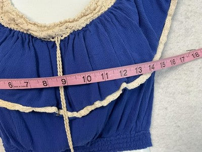 Flying Tomato Blouse Womens Small Blue Crochet Ruffle Tassel Crop Top Boho