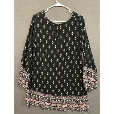 Charlotte Russe Boho Floral Print Knee Length Dress M Black Pink Bell Sleeves