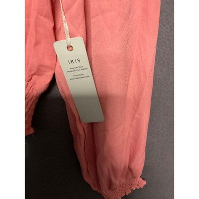 IRIS Basic Sheer Pink Blouse NWT Size M Long Sleeve Smocked Waist Flowy