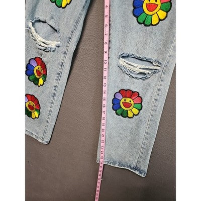Vintage-Inspired Rainbow Flower Jeans L 25W 27L Straight Leg Ripped/Distressed