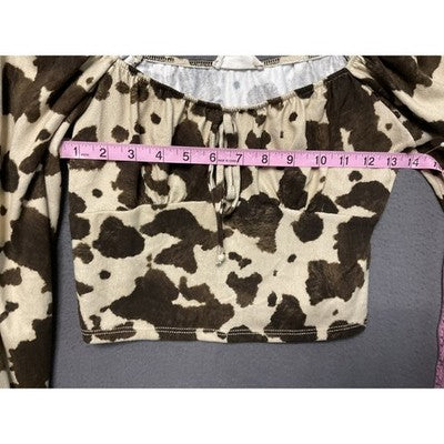 Altar’d States Crop Top Womens Small Brown Ivory Cow Print Long Sleeve Boho Y2K