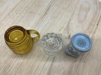 Vintage Wedgwood Shot Glasses Set Of 3 Mini Mugs Blue Clear Amber Glass Handles