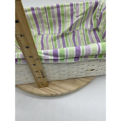 White Wicker Rectangular Basket Handle Lined Striped Fabric Insert Storage Tray
