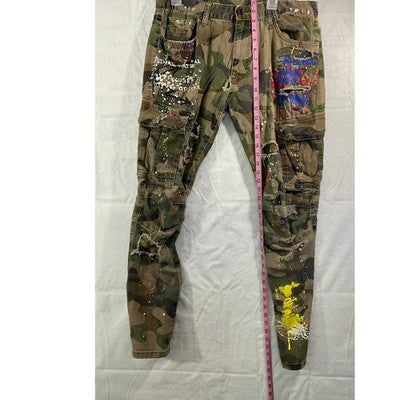 Smoke Rise Cargo Pants Mens 36/34 Camo Distressed Paint Splatter Streetwear SR91