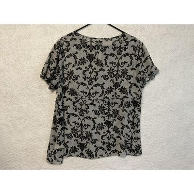 Apt. 9 Shirt Womens 1X Gray Black Floral Sheer Pleated Short Sleeve Blouse