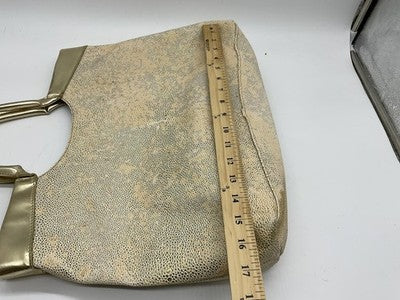 Gold Textured Tote Bag Womens Large Metallic Shoulder Handbag Purple Lining