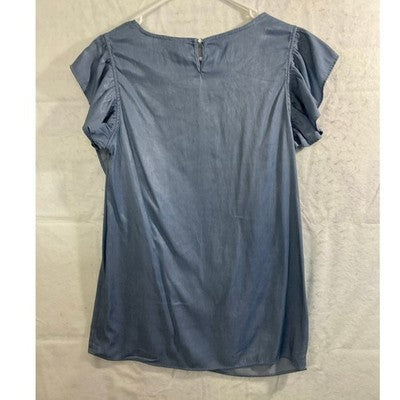Select + Trend Ruffle Front Top Women XL Blue Chambray Flutter Sleeve Blouse