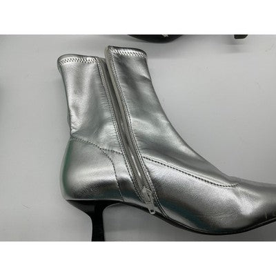 Abound Metallic Silver Ankle Boots Womens Pointed Toe Kitten Heel Zip Cyber
