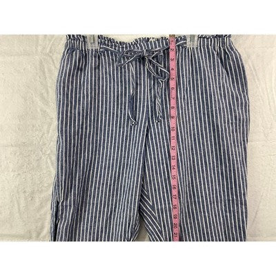 Striped Linen Blend Pants Womens XL Blue White Paperbag Waist Tapered