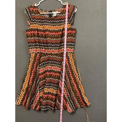 Pinky Tribal Chevron Fit Flare Dress M Zip Back Sleeveless Colorful Boho Causal