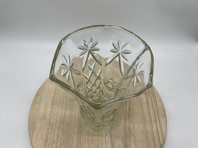 Clear Pressed Glass Flower Vase Starburst Pattern Hexagon VTG Decor Centerpiece