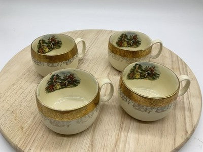 Vintage Sabin Crea-O-Gold Tea Cups Set Of 4 Beige 22K Gold Trim Pictorial Scene