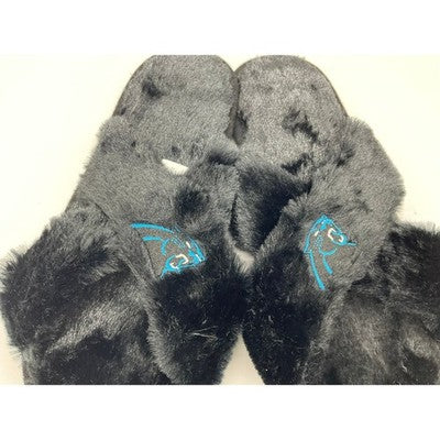 FOCO Carolina Panthers Slippers Womens XL Black Faux Fur Slide NFL Fan Shoe