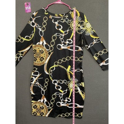 Womens 2XL Chain Print Dress Long Sleeve Stretch Knit Brown Black Tan