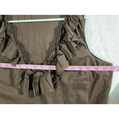 New York & Company Blouse Women L Brown Ruffle V-Neck Sleeveless Cotton Shell