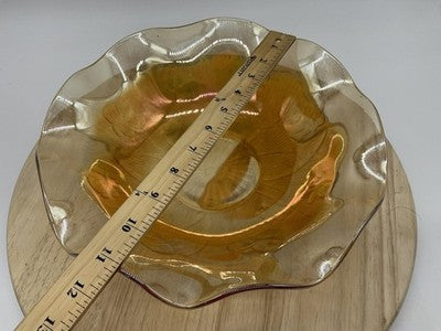 Vintage Amber Carnival Glass Serving Bowl Floral Ruffle Edge Gold Iridescent MCM