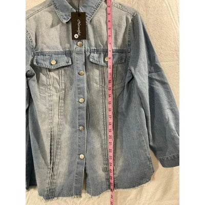 Hersuitful Denim Jacket Women Small Light Blue Raw Hem Pleated Shacket NWT