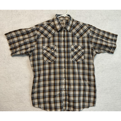 Ely Cattleman Western Shirt Mens Large Brown Plaid Pearl Snap Cowboy Rodeo