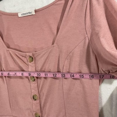 Emerette Blouse Womens Large Pink Button Front Ruffle Peplum Top Short Sleeve